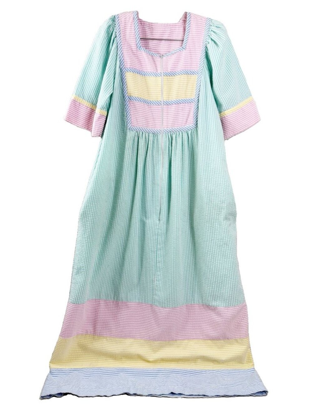 VTG Stripe S/M Pastel Zip 51"L Housecoat Dress Seersucker Pockets EUC